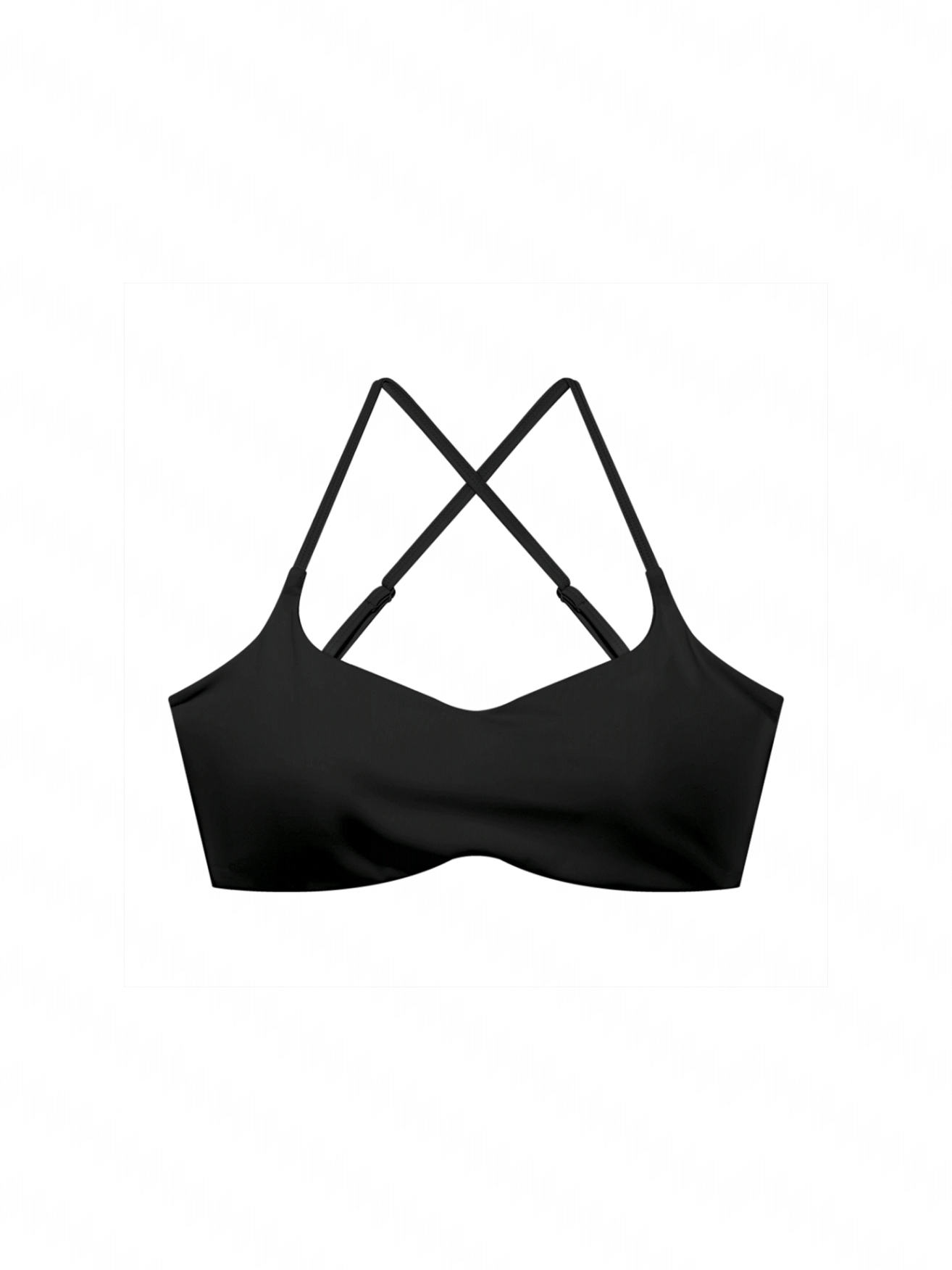 Black sports bra with criss-cross straps on a white background