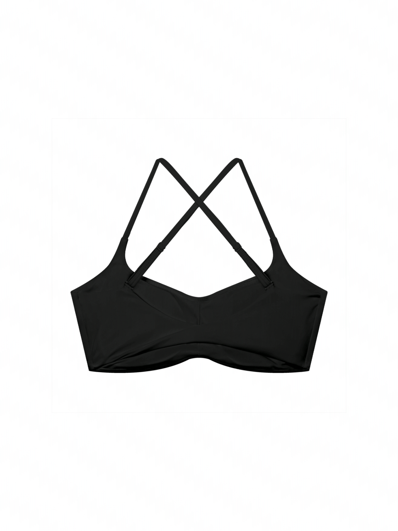 Black sports bra with criss-cross straps on a white background
