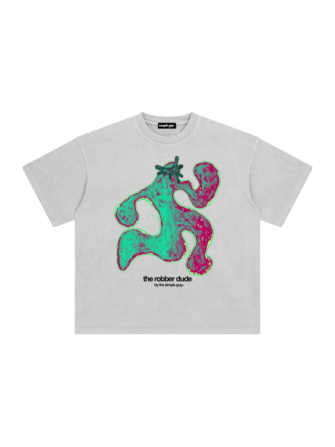 BLNK CITY grey vintage t-shirt featuring a green and pink abstract robber dude graphic print on the chest.