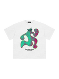 BLNK CITY white vintage tee featuring a green and pink abstract robber dude graphic with text on the chest.