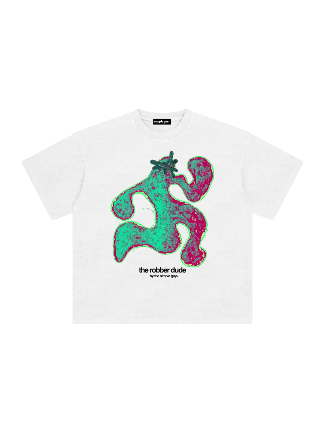 BLNK CITY white vintage tee featuring a green and pink abstract robber dude graphic with text on the chest.